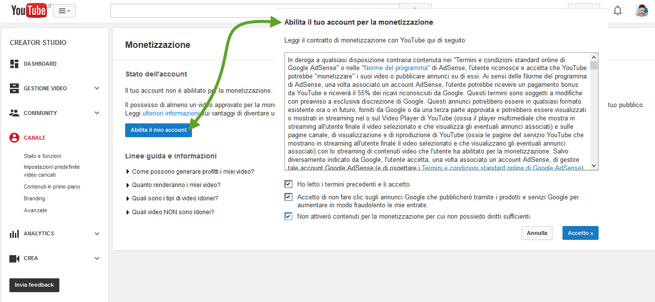 Abilita account YouTube