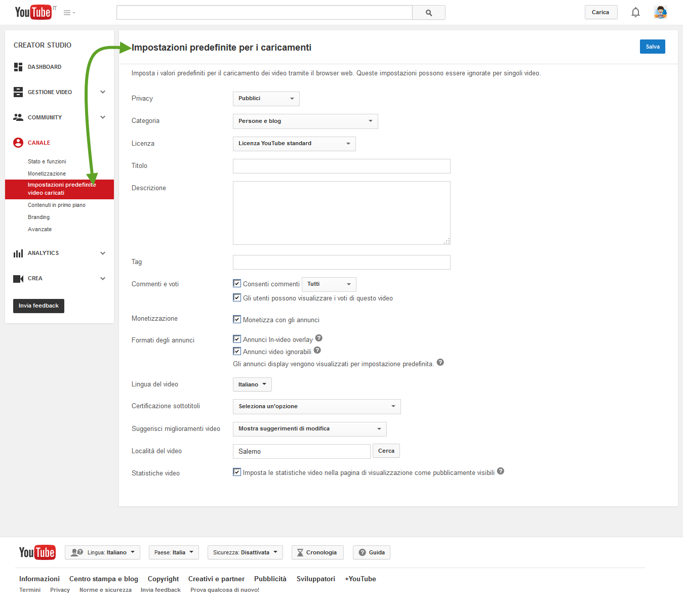 Impostazioni Video Caricati YouTube