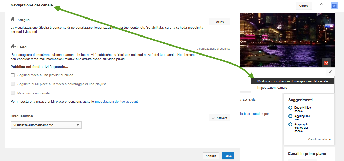 Modifica impostazioni navigazione canale YouTube