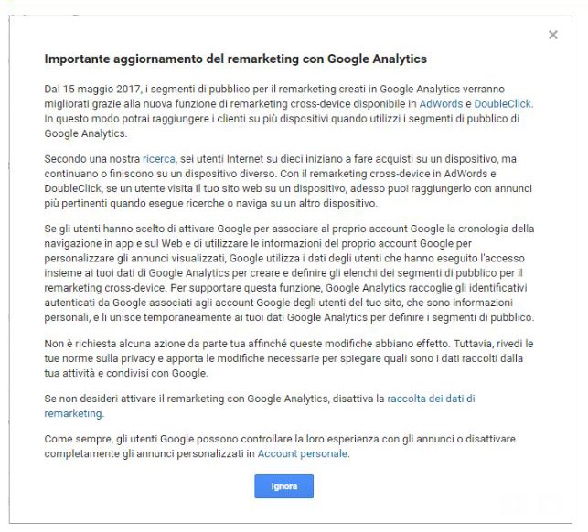 Remarketing di Google Analytics: aggiornamento della privacy policy