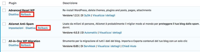 downgrade di WordPress