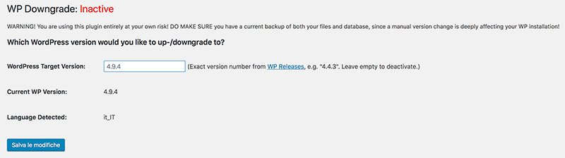 downgrade di WordPress