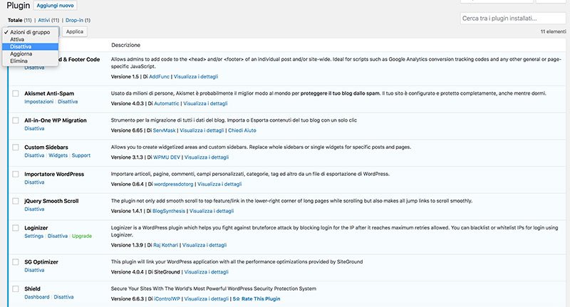 downgrade di WordPress