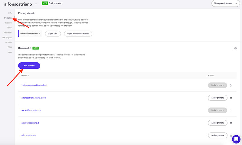 aggiungi domini su Kinsta