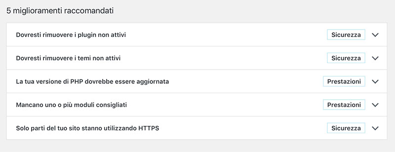 Miglioramenti raccomandati WordPress