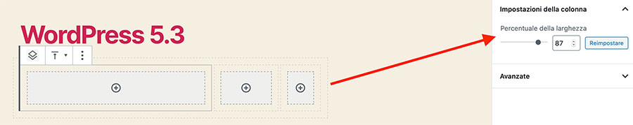 WordPress 5.3 dimensioni Colonne