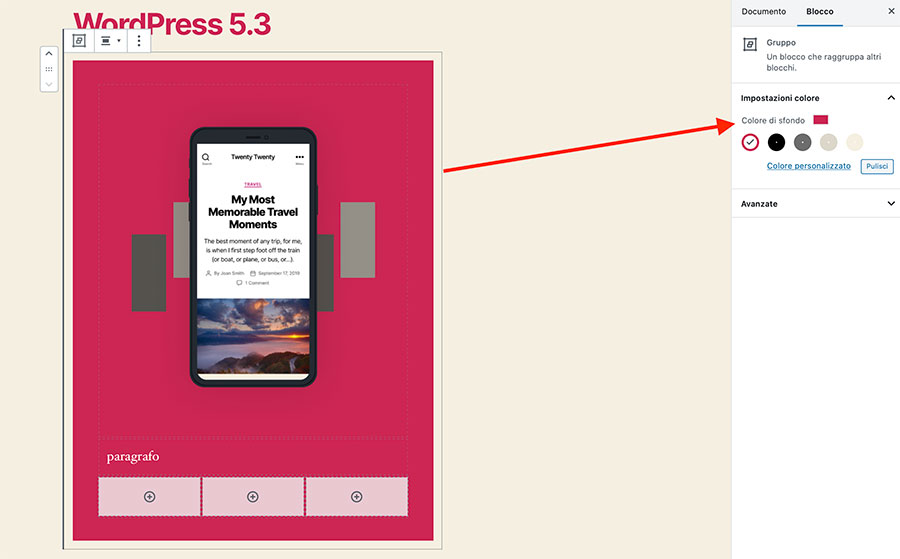 WordPress 5.3 gruppi di blocchi