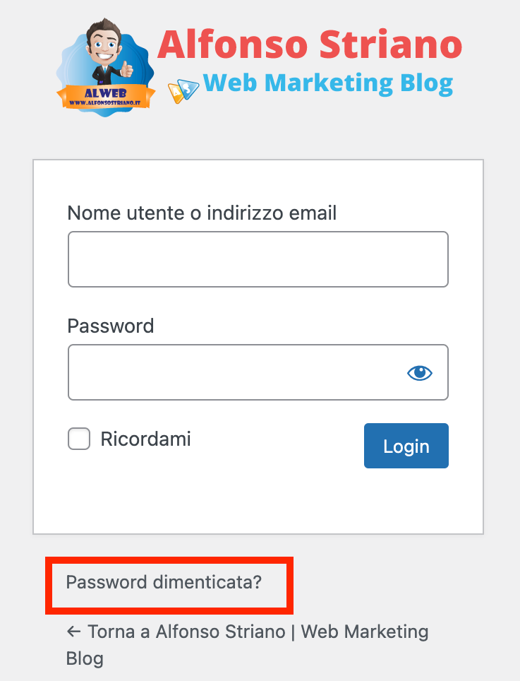 rimuovere il link Password dimenticata